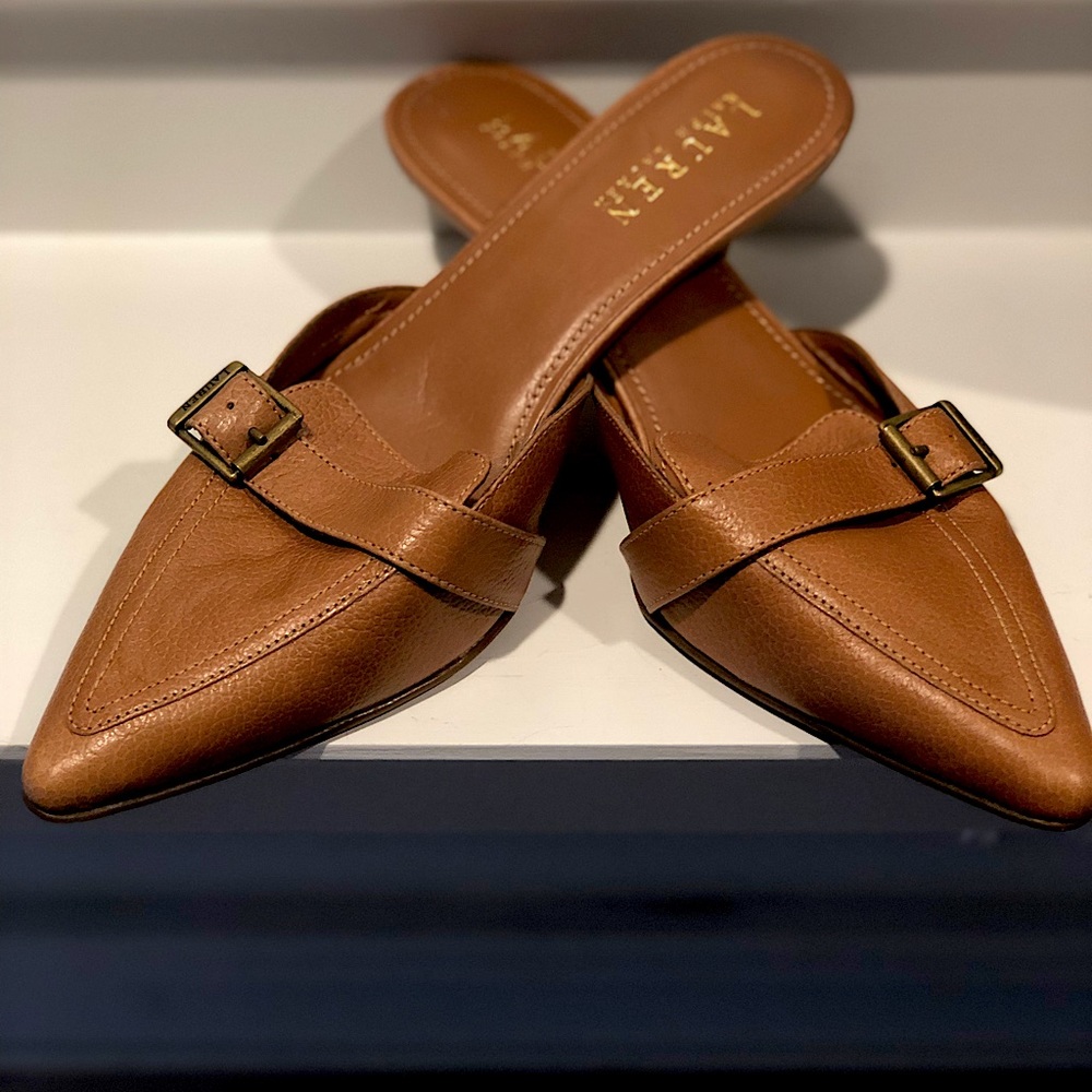 NEW Lauren by Ralph Lauren Tan Leather Slides